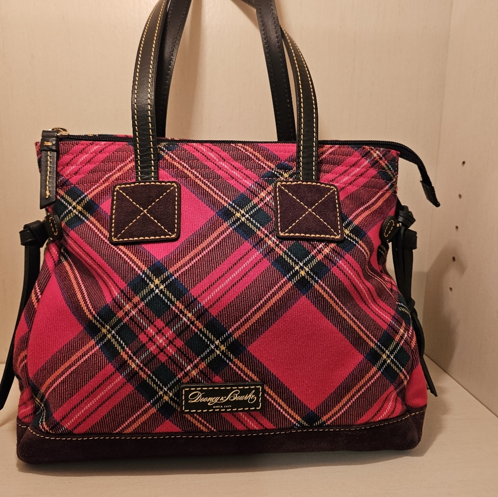 Dooney & Bourke Red Wool Plaid Tartan Shoulder Bag Brown Leather & Suede Accents